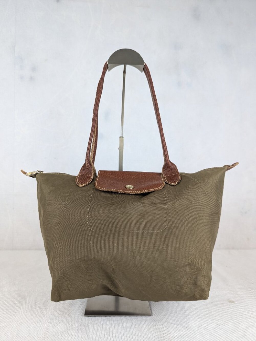 Longchamp Green Nylon Tote Used Le Pliage Handbag Foldable Shopping Travel bag